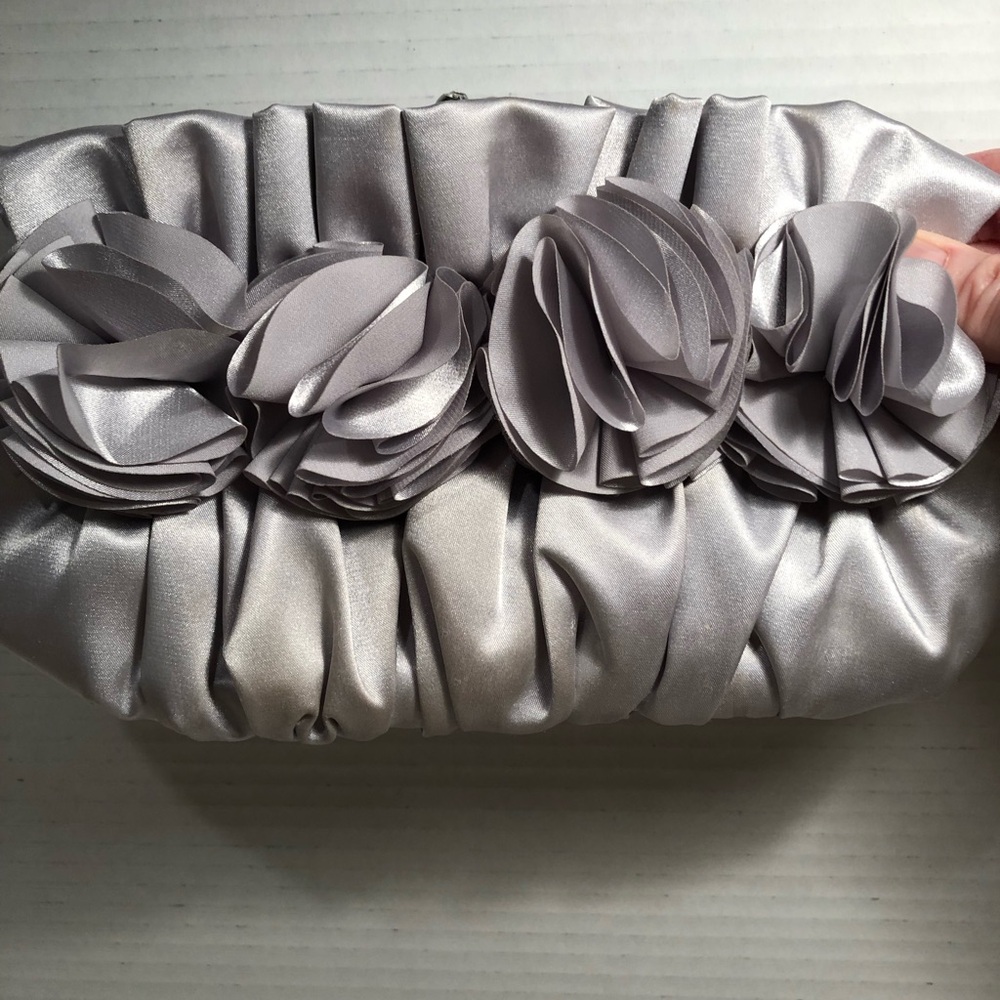Lulu Townsend Vintage Silver Satin Floral Ruched Clutch Shoulder bag with chain
